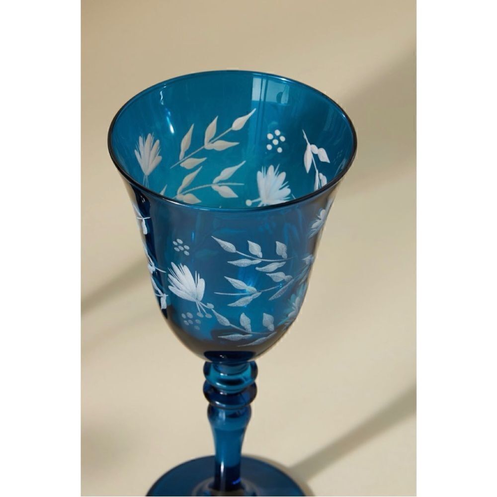 NEW Anthropologie Sofia Hand-Carved Ornate Blue Wine Soda Glass Gift Set of 4 - Picture 2 of 3